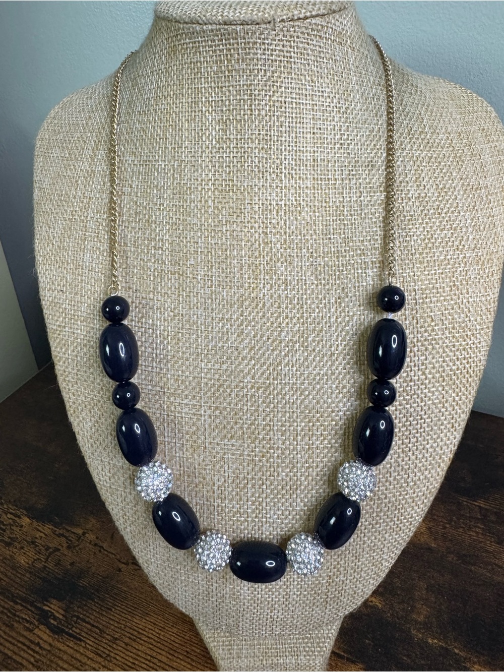 J. Crew Navy Bead Necklace with Gold Chain and Crystal Spheres